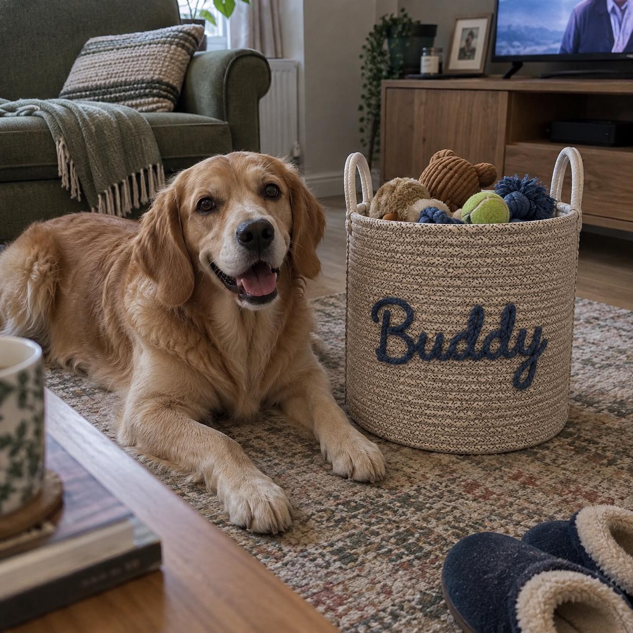 Custom Dog Toy Storage Basket, Personalised Cotton Rope Pet Organiser, Christmas Gift for Pet Parents